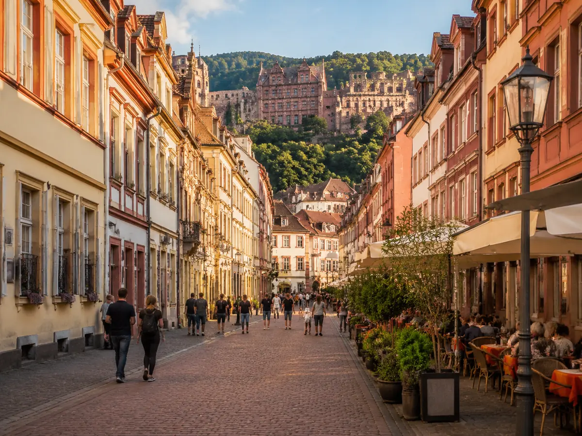 Die Hauptstraße in Heidelbergs Altstadt unterhalb des Schlosses